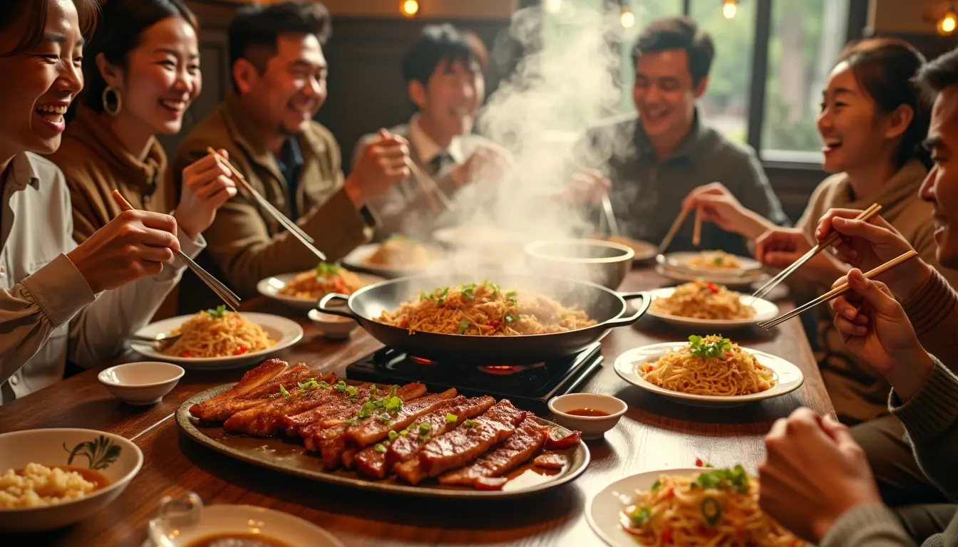 People enjoying Chinese cuisine